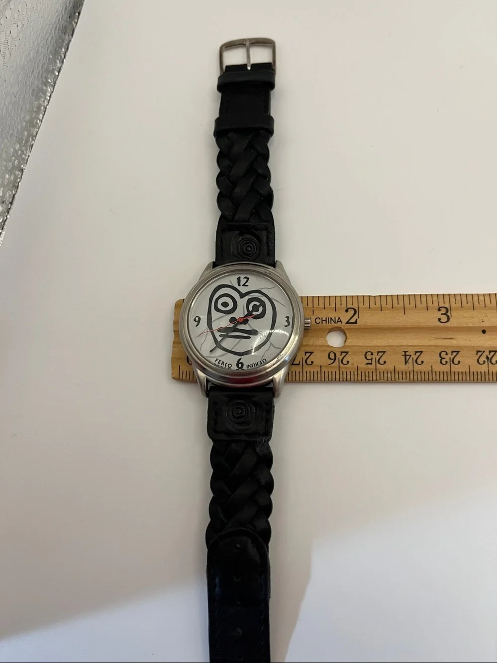 Ferco Indiglo Black Braided Leather Strap Watch with Silver Case and White Dial
